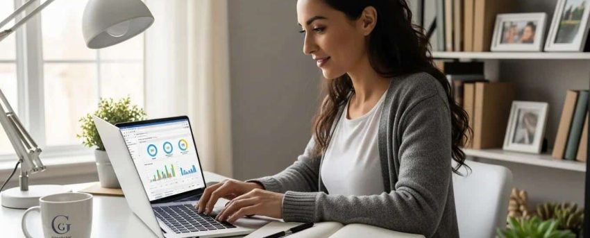 Small business owner managing WordPress hosting in a modern office setting