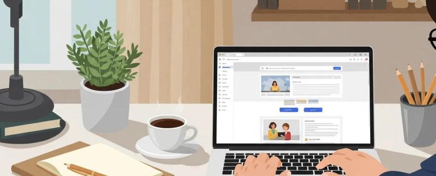 Small business owner using an AI website builder on a laptop in a cozy office