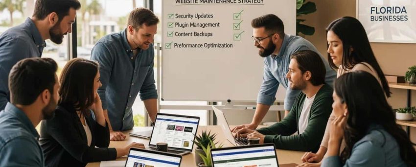 Team collaborating on WordPress maintenance in a professional office setting