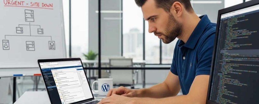 Technician troubleshooting WordPress site issues in a modern office
