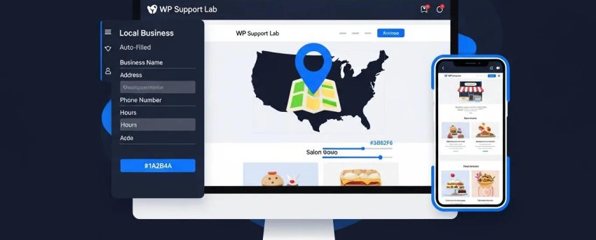 US business website builder dashboard showcasing a local business site with mobile-responsive preview and WP Support Lab branding