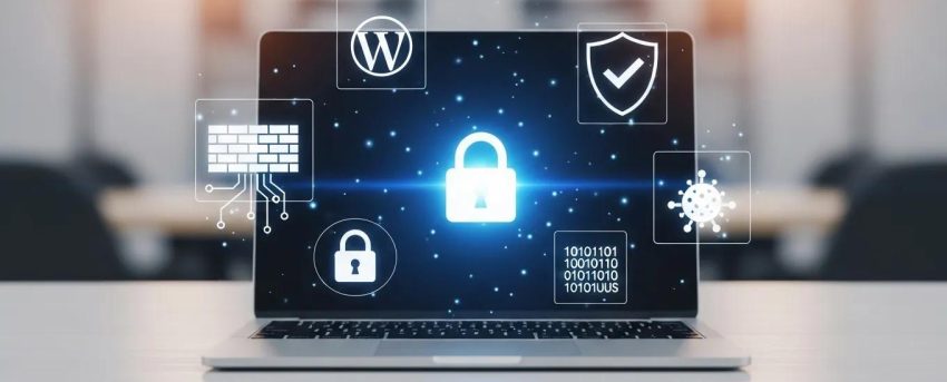 Visual representation of WordPress site security with a laptop and digital security icons