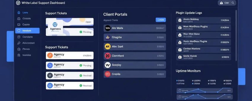 White label WordPress support dashboard illustrating agency client portals and support features