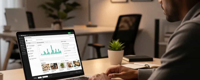 WooCommerce online store interface on a laptop in a modern workspace