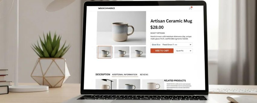 WooCommerce product page displayed on a laptop, highlighting design elements for optimization