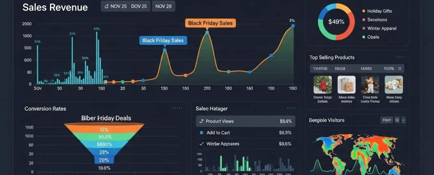 WooCommerce store performance dashboard highlighting holiday sales metrics and traffic analytics