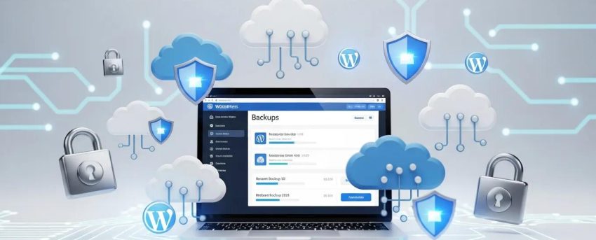 WordPress backup solutions with a laptop, cloud icons, and security symbols