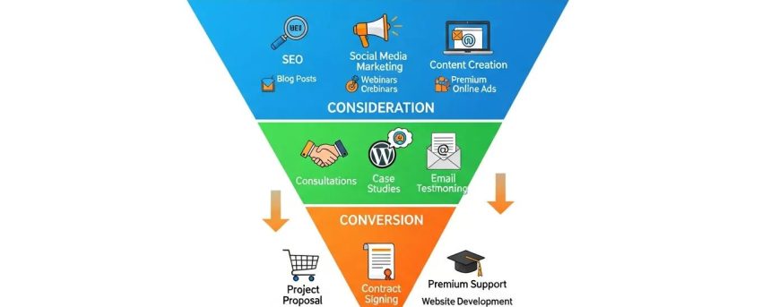 WordPress client acquisition funnel illustrating lead generation stages