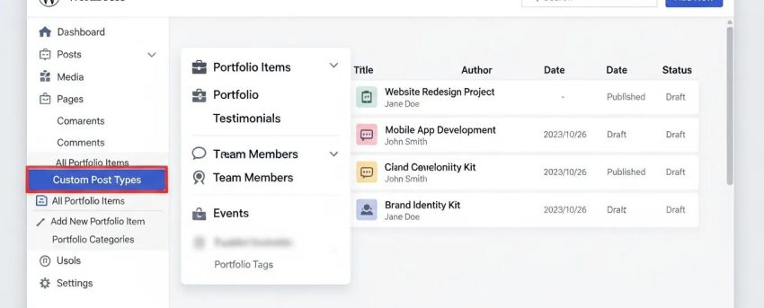 WordPress dashboard highlighting custom post types for enhanced website functionality