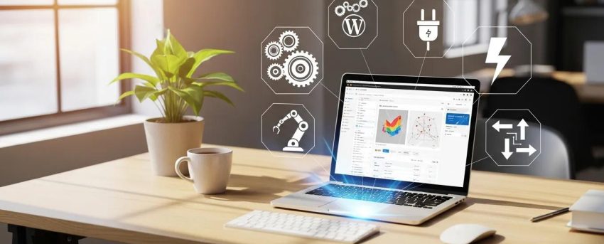 WordPress dashboard with automation icons representing productivity and efficiency