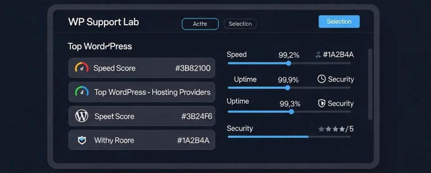 WordPress hosting comparison dashboard showcasing speed scores, uptime percentages, and security ratings