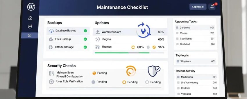WordPress maintenance checklist dashboard overview highlighting essential tasks