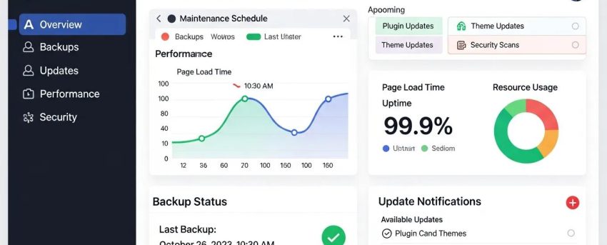 WordPress maintenance dashboard displaying backup and update statuses