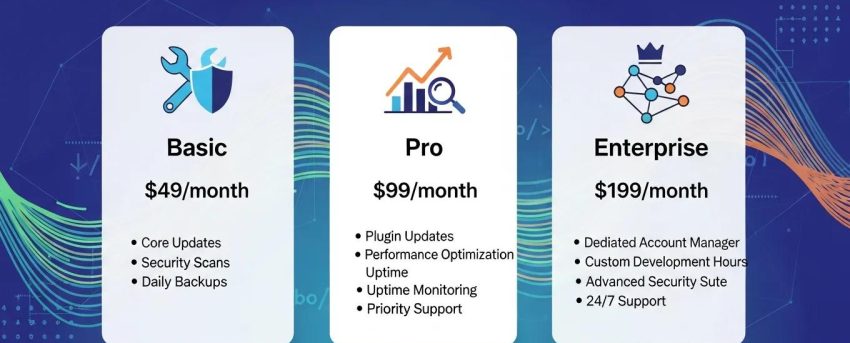 WordPress maintenance pricing plans overview with visual elements representing website support