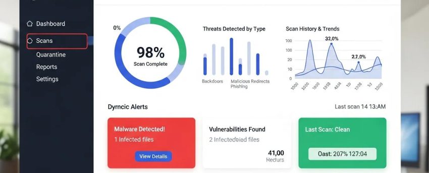 WordPress malware scan results dashboard showcasing security alerts and performance metrics