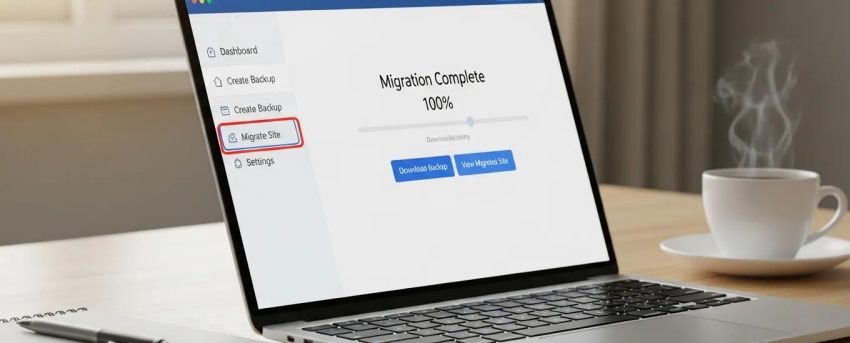 WordPress migration plugin interface displayed on a laptop, emphasizing ease of website migration