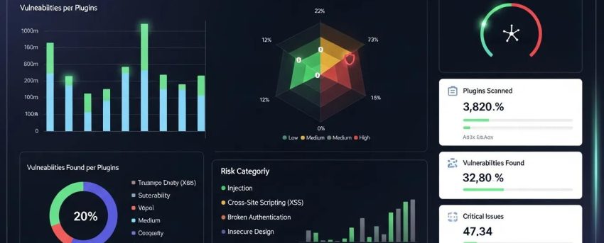WordPress plugin vulnerability scan dashboard highlighting security metrics