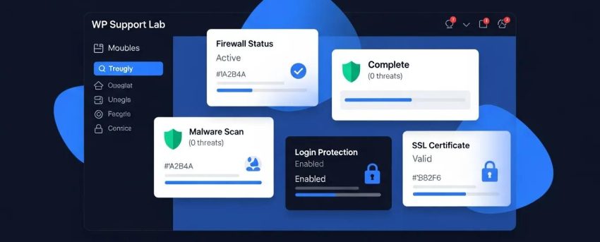WordPress security command center with active firewall, completed malware scan, and login protection enabled