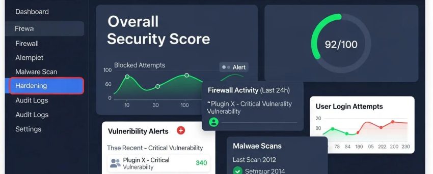 WordPress security dashboard displaying key metrics and alerts for site protection