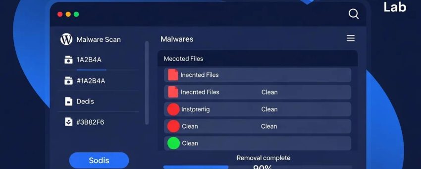WordPress security dashboard illustrating malware scan progress with infected and clean file indicators