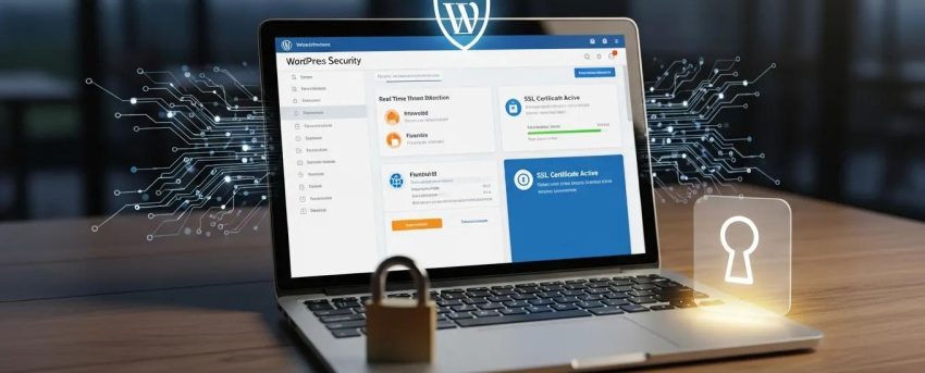 WordPress security dashboard with cybersecurity elements
