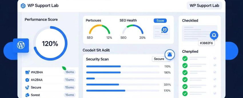 WordPress site audit dashboard showcasing performance metrics and security results
