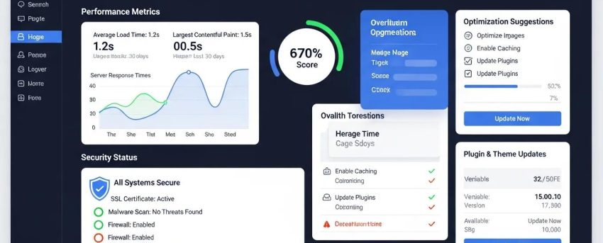 WordPress site health check dashboard displaying performance metrics and optimization suggestions
