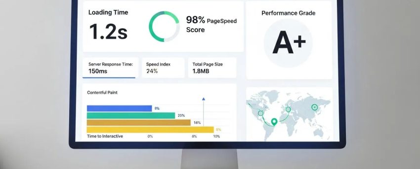 WordPress speed test dashboard highlighting fast loading times and performance metrics