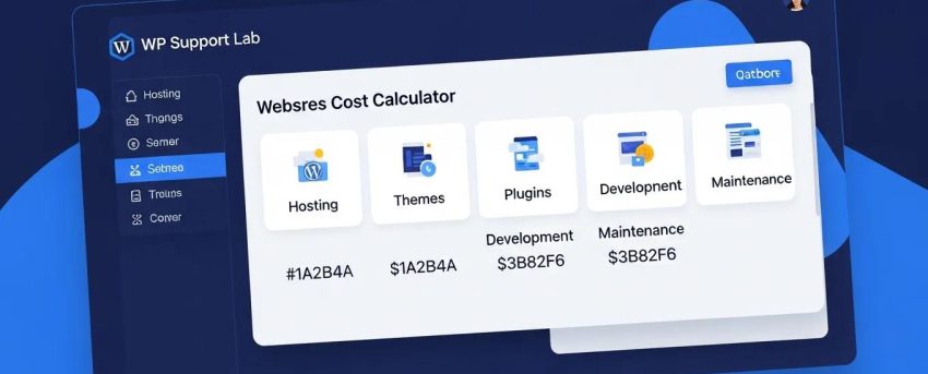 WordPress website cost calculator dashboard illustrating itemized expenses for hosting, themes, plugins, development, and maintenance