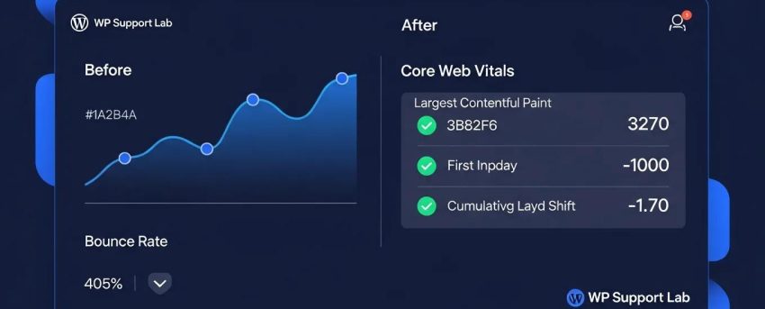 WordPress website redesign dashboard illustrating improved traffic and performance metrics