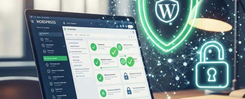 WordPress website security environment with a laptop, shield, and lock