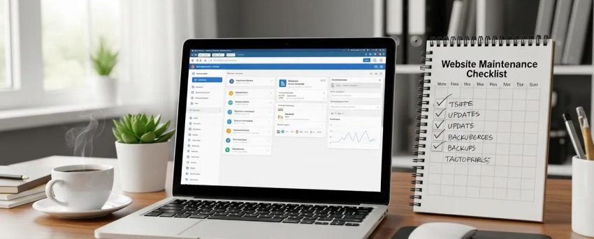 Workspace with laptop showing WordPress dashboard and maintenance tools, emphasizing website upkeep