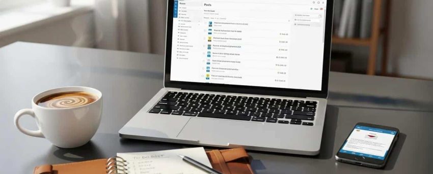 Workspace with laptop showing WordPress dashboard, symbolizing support for small businesses